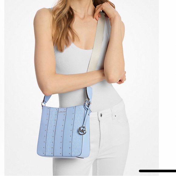 MK Jet Set Small Studded Patchwork & Signature Logo Crossbody In Baby Blue - Picture 13 of 13